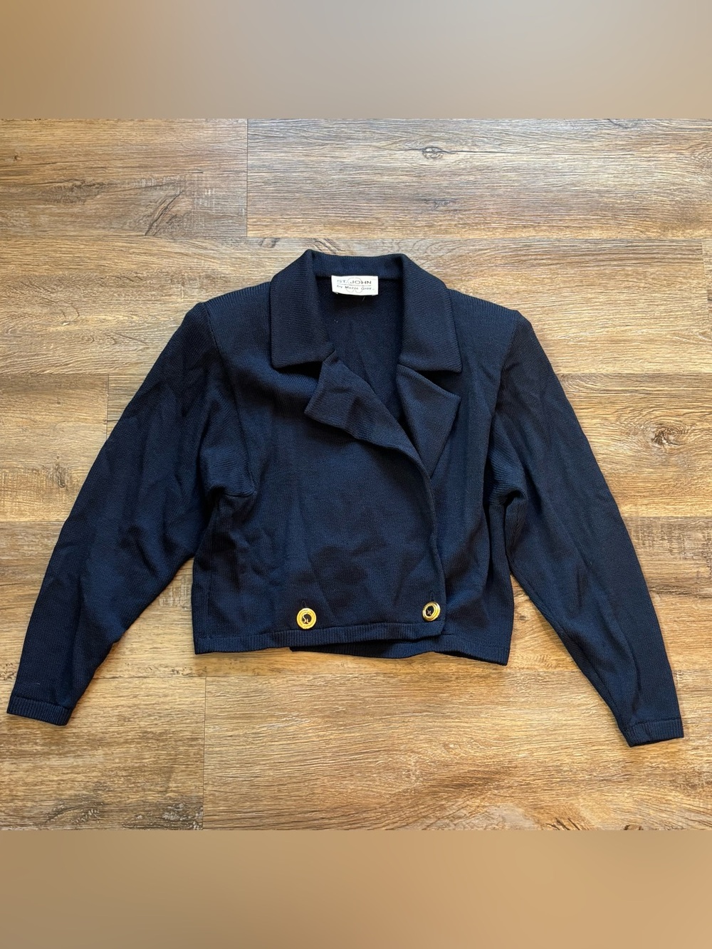 St. John Santana Knit Cropped Blazer with Gold Buttons Navy P